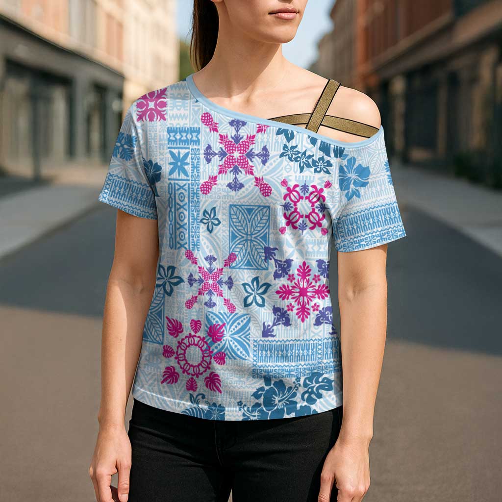 Hawaii Tapa Tribal Cross Shoulder Shirt With Hawaiian Quilt Pattern Blue LT9 - Polynesian Pride