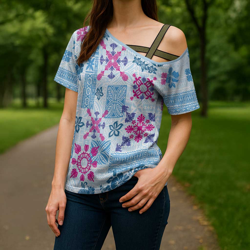 Hawaii Tapa Tribal Cross Shoulder Shirt With Hawaiian Quilt Pattern Blue LT9 - Polynesian Pride