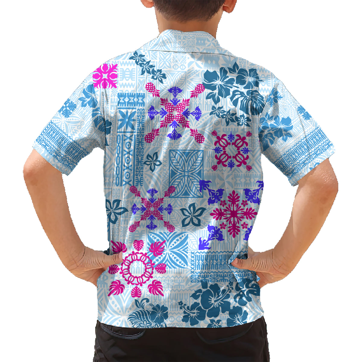 Hawaii Tapa Tribal Family Matching Short Sleeve Bodycon Dress and Hawaiian Shirt With Hawaiian Quilt Pattern Blue LT9 - Polynesian Pride