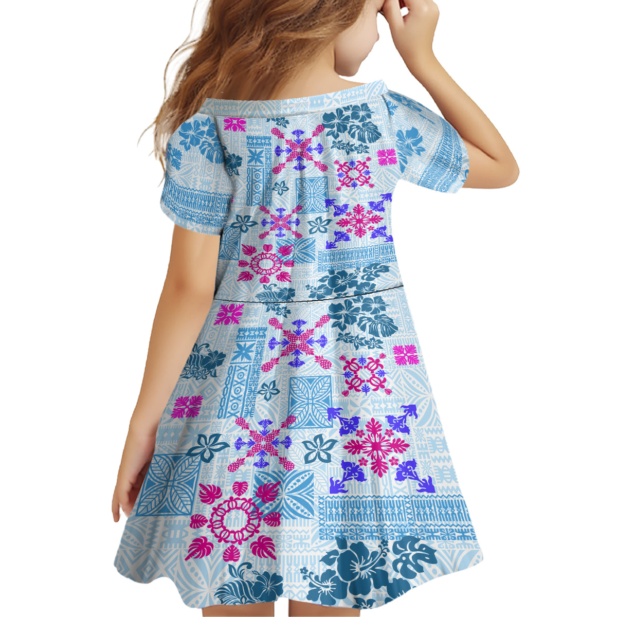 Hawaii Tapa Tribal Family Matching Short Sleeve Bodycon Dress and Hawaiian Shirt With Hawaiian Quilt Pattern Blue LT9 - Polynesian Pride