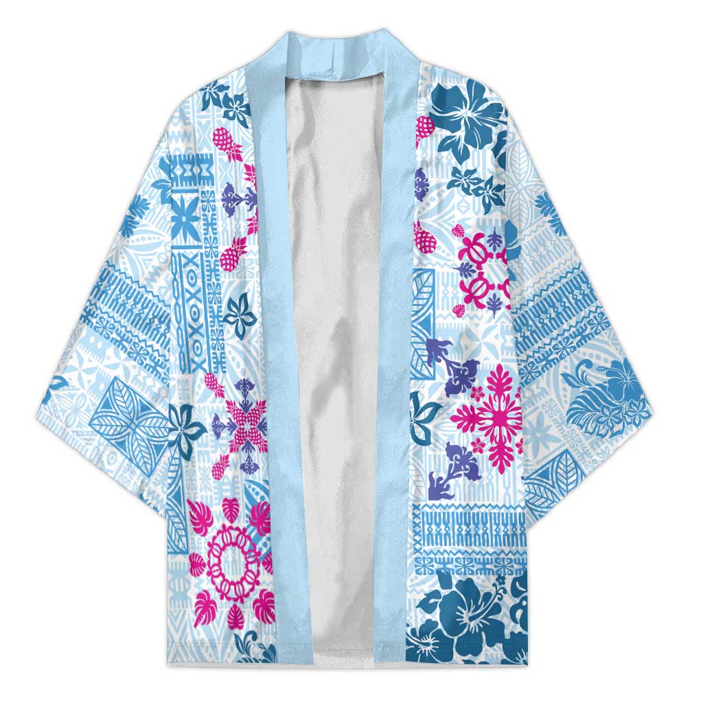 Hawaii Tapa Tribal Kimono With Hawaiian Quilt Pattern Blue - Polynesian Pride