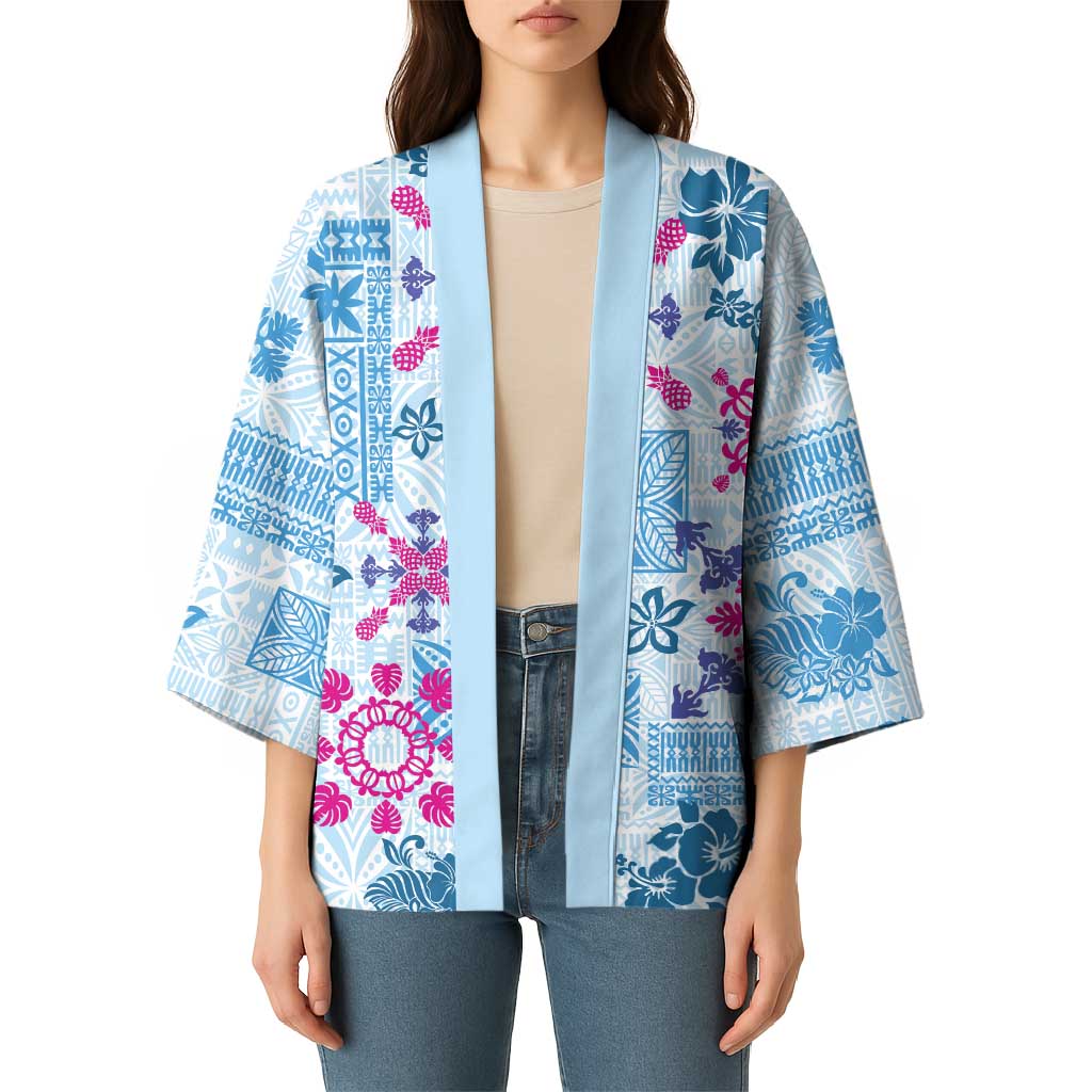 Hawaii Tapa Tribal Kimono With Hawaiian Quilt Pattern Blue - Polynesian Pride