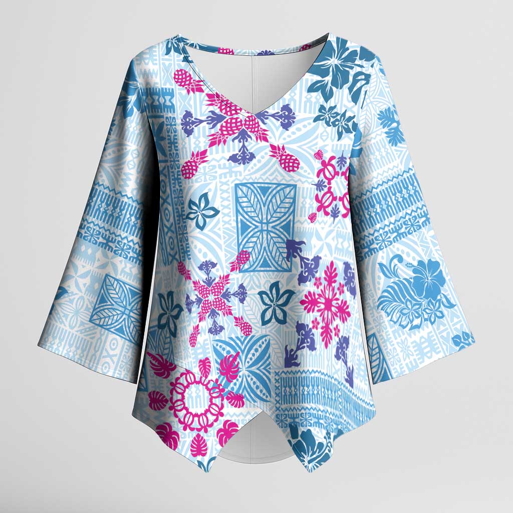 Hawaii Tapa Tribal Kimono Sleeve Blouse With Hawaiian Quilt Pattern Blue - Polynesian Pride