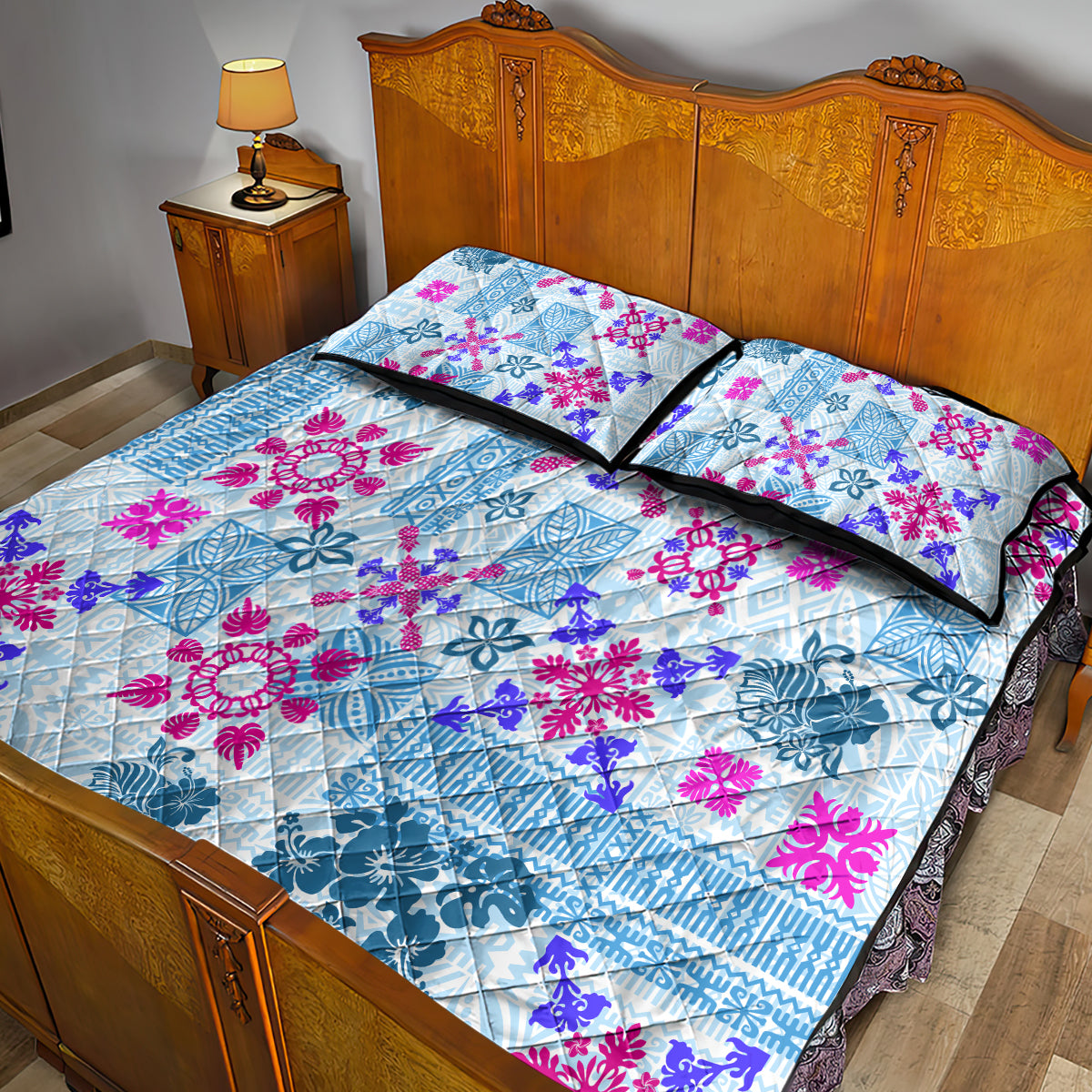 Hawaii Tapa Tribal Quilt Bed Set With Hawaiian Quilt Pattern Blue LT9 - Polynesian Pride