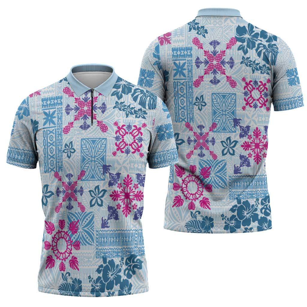 Hawaii Tapa Tribal Zipper Polo Shirt With Hawaiian Quilt Pattern Blue - Polynesian Pride