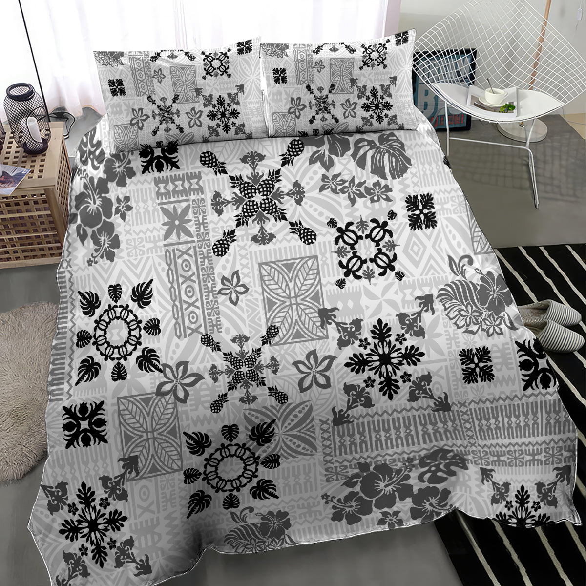 Hawaii Tapa Tribal Bedding Set With Hawaiian Quilt Pattern Black LT9 - Polynesian Pride