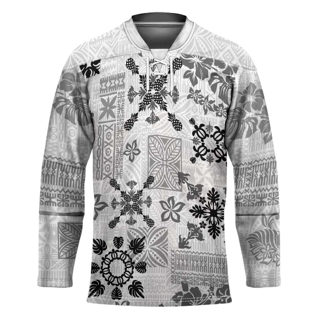 Hawaii Tapa Tribal Hockey Jersey With Hawaiian Quilt Pattern Black - Polynesian Pride
