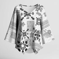Hawaii Tapa Tribal Kimono Sleeve Blouse With Hawaiian Quilt Pattern Black - Polynesian Pride