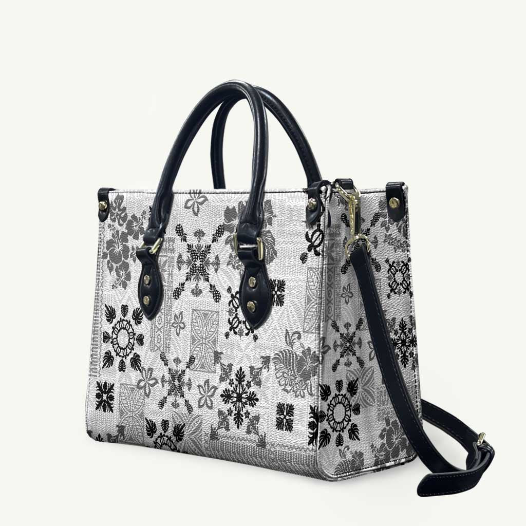 Hawaii Tapa Tribal Leather Bag With Hawaiian Quilt Pattern Black - Polynesian Pride