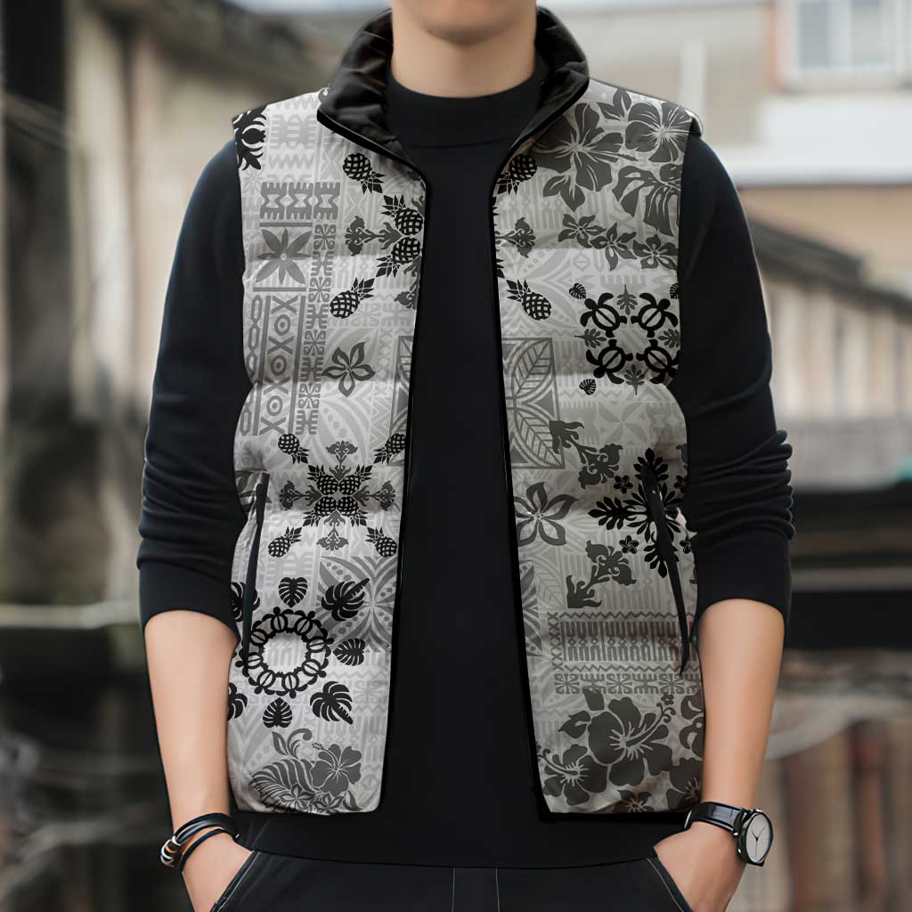 Hawaii Tapa Tribal Sleeveless Puffer Jacket With Hawaiian Quilt Pattern Black LT9 - Polynesian Pride