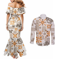 Hawaii Tapa Tribal Couples Matching Mermaid Dress and Long Sleeve Button Shirt With Hawaiian Quilt Pattern Gold LT9 - Polynesian Pride