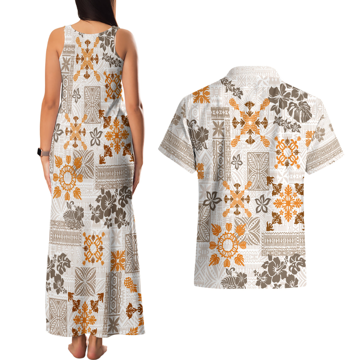 Hawaii Tapa Tribal Couples Matching Tank Maxi Dress and Hawaiian Shirt With Hawaiian Quilt Pattern Gold LT9 - Polynesian Pride