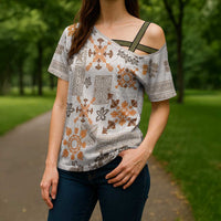 Hawaii Tapa Tribal Cross Shoulder Shirt With Hawaiian Quilt Pattern Gold - Polynesian Pride