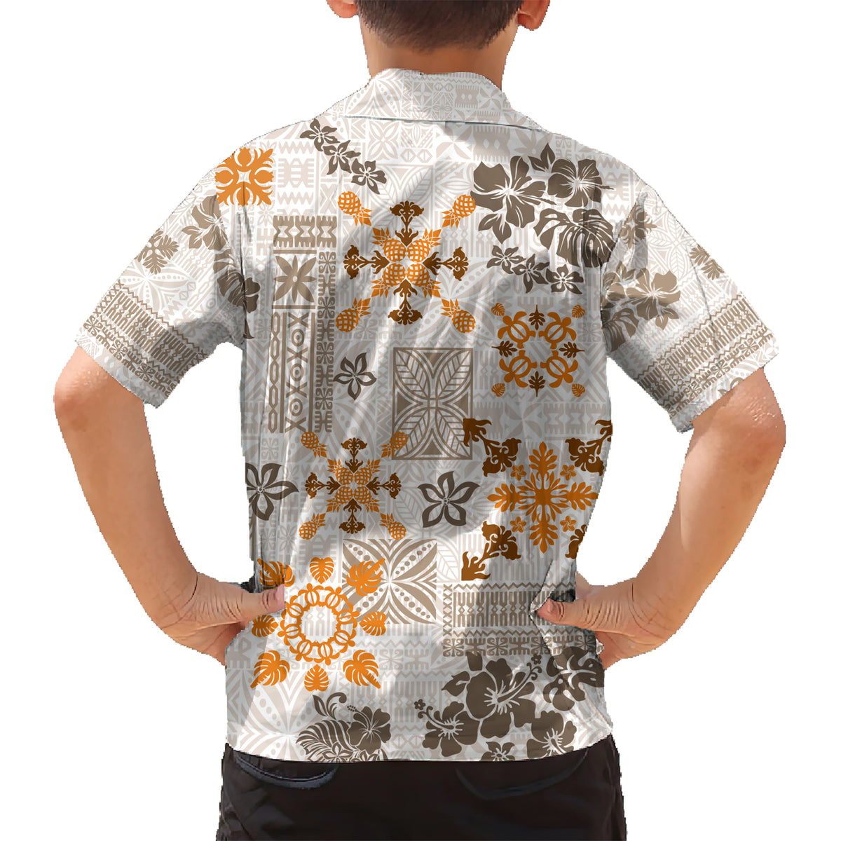 Hawaii Tapa Tribal Family Matching Short Sleeve Bodycon Dress and Hawaiian Shirt With Hawaiian Quilt Pattern Gold LT9 - Polynesian Pride