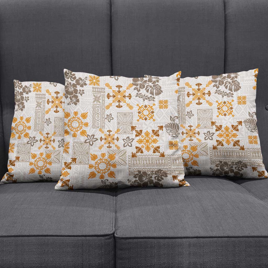 Hawaii Tapa Tribal Pillow Cover With Hawaiian Quilt Pattern Gold - Polynesian Pride