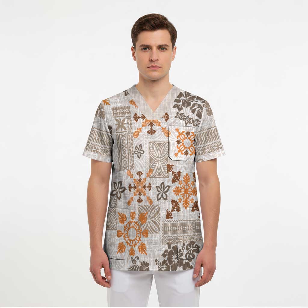 Hawaii Tapa Tribal Scrub Top With Hawaiian Quilt Pattern Gold - Polynesian Pride