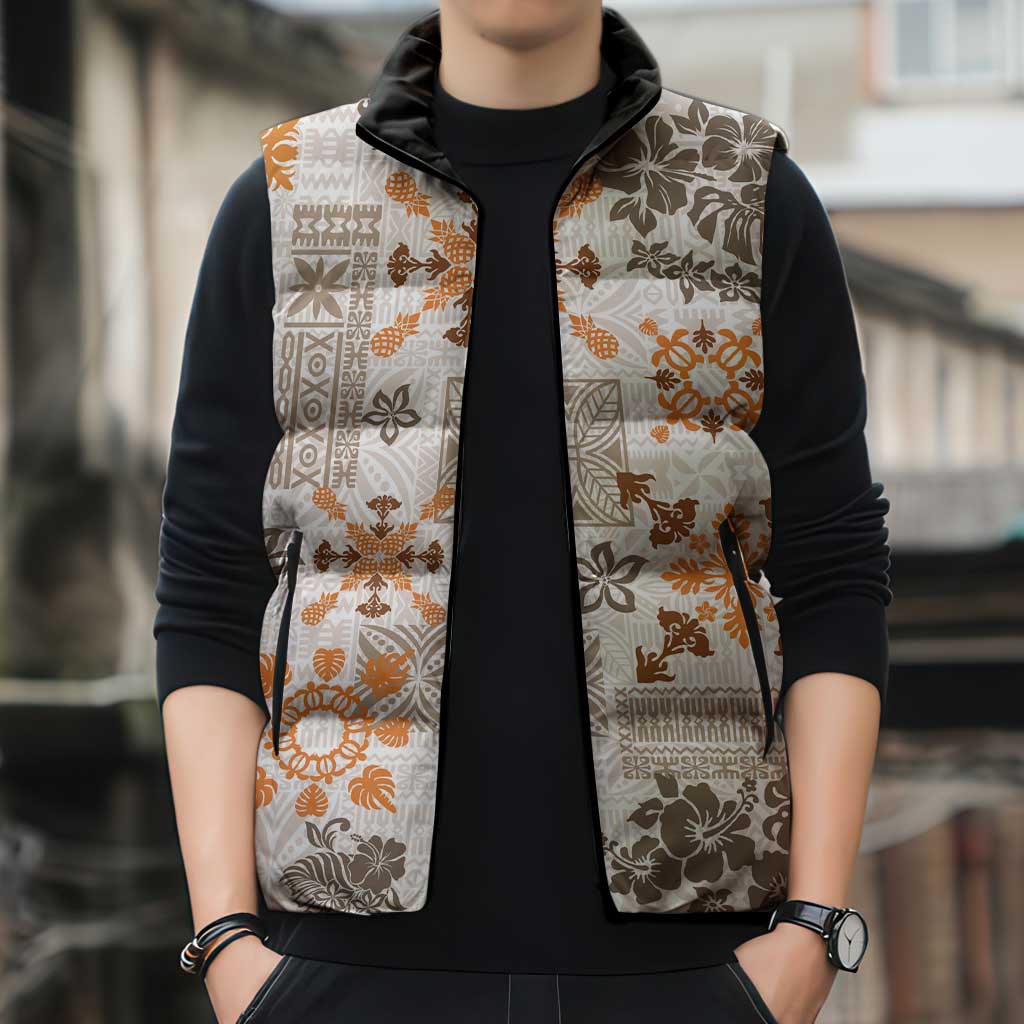 Hawaii Tapa Tribal Sleeveless Puffer Jacket With Hawaiian Quilt Pattern Gold - Polynesian Pride