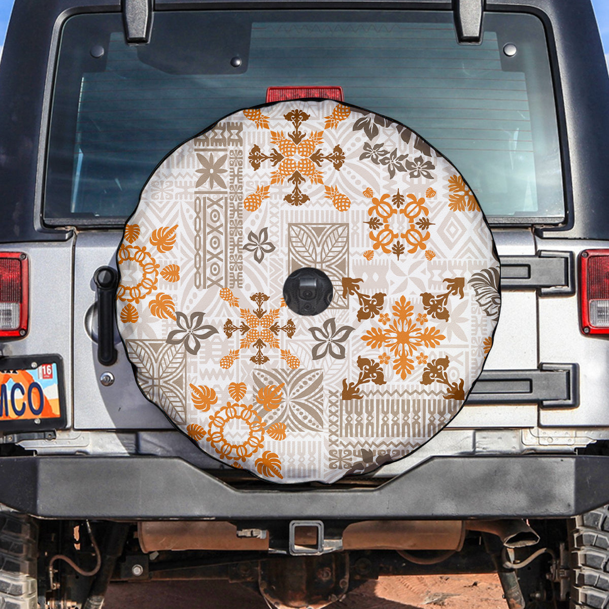 Hawaii Tapa Tribal Spare Tire Cover With Hawaiian Quilt Pattern Gold LT9 - Polynesian Pride