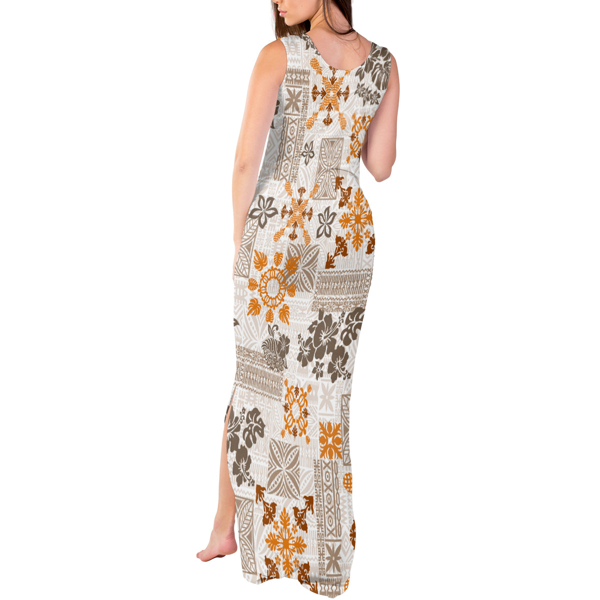 Hawaii Tapa Tribal Tank Maxi Dress With Hawaiian Quilt Pattern Gold LT9 - Polynesian Pride