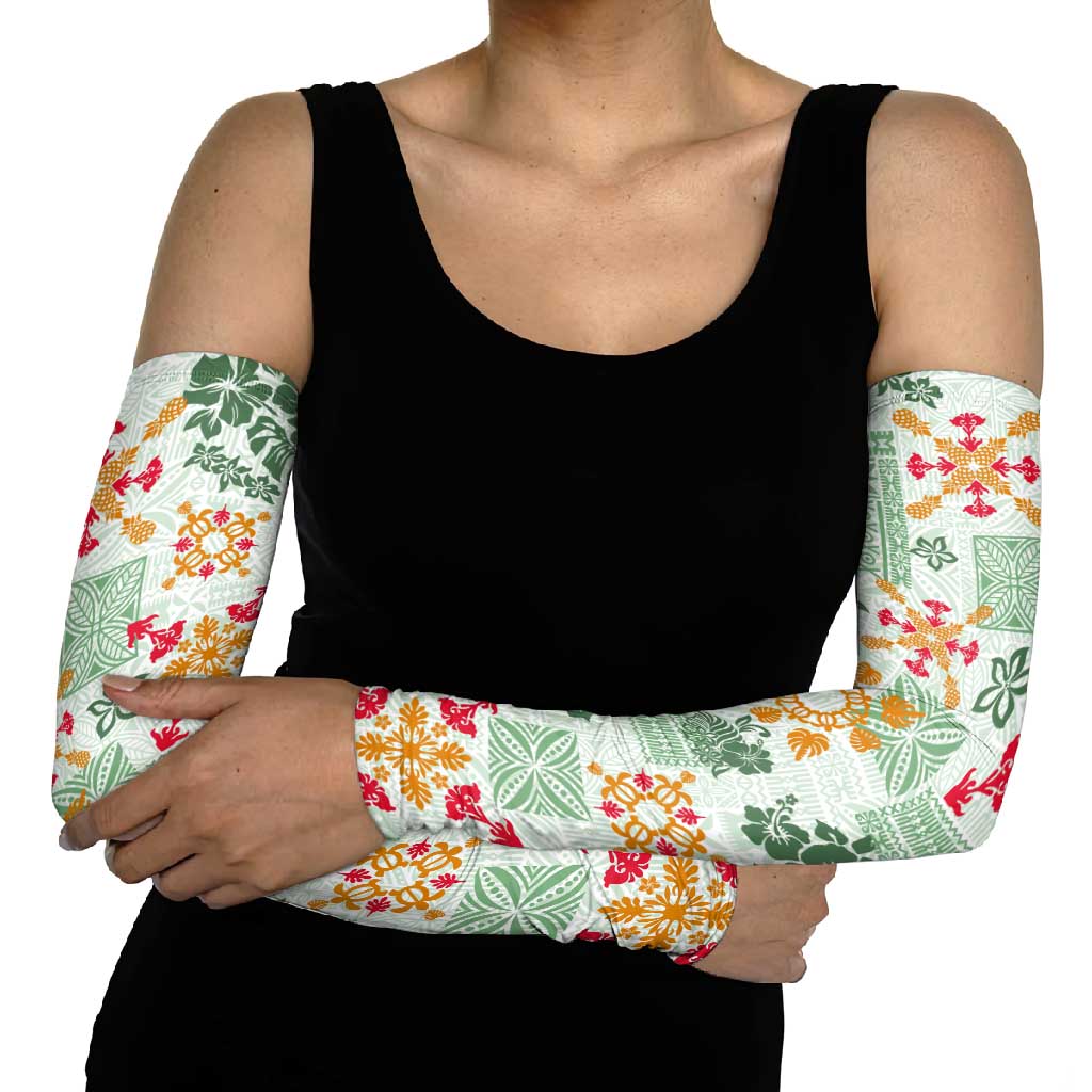 Hawaii Tapa Tribal Arm Sleeves With Hawaiian Quilt Pattern Green - Polynesian Pride