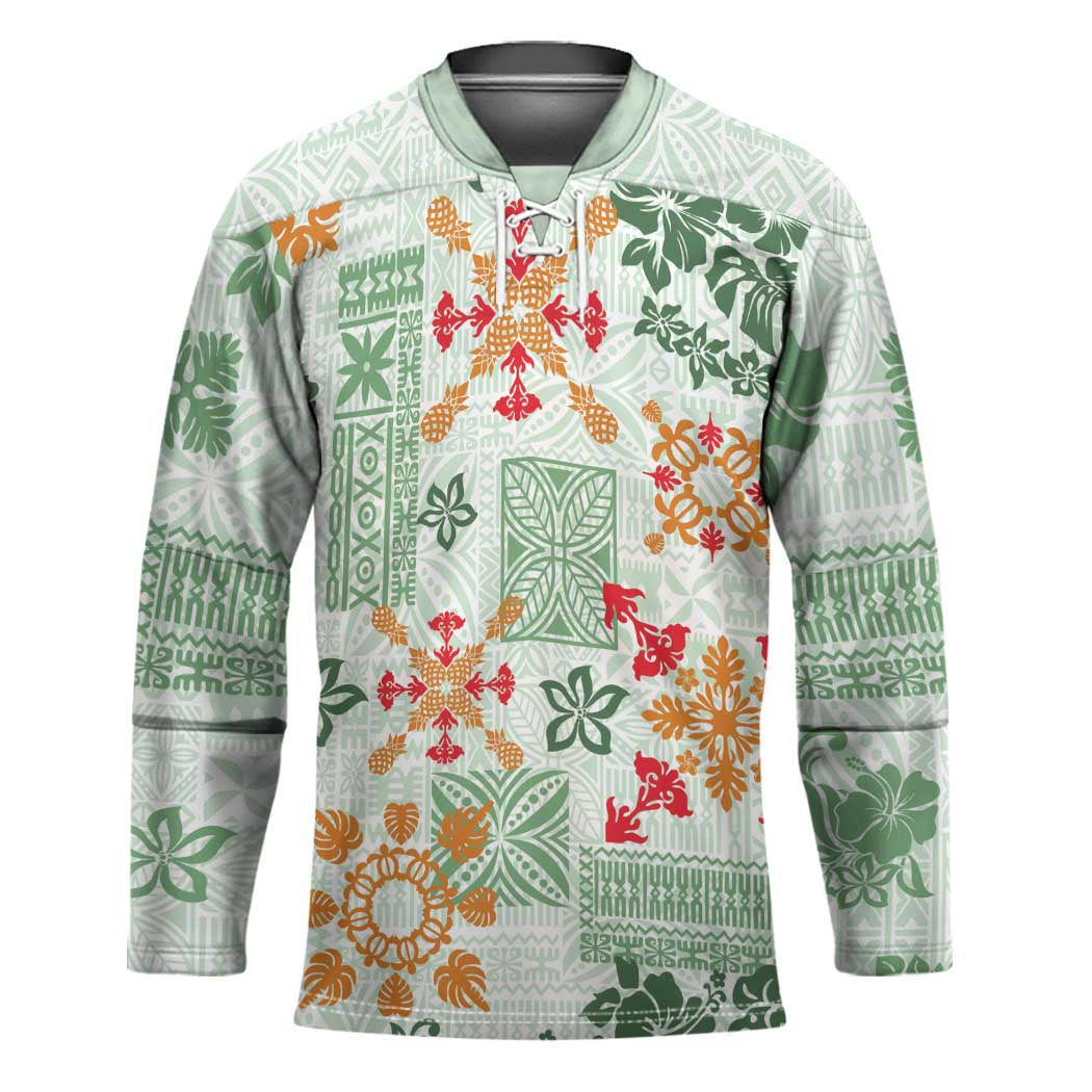 Hawaii Tapa Tribal Hockey Jersey With Hawaiian Quilt Pattern Green LT9 Unisex Green - Polynesian Pride