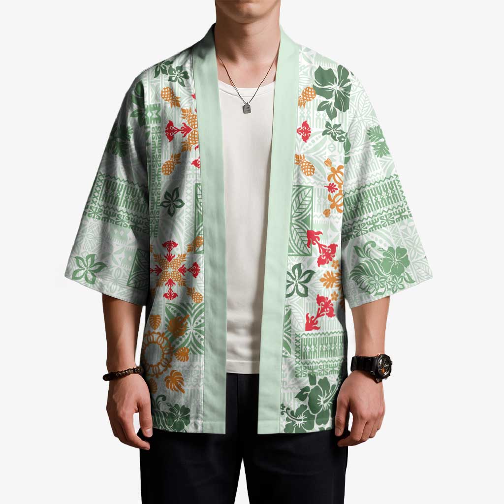 Hawaii Tapa Tribal Kimono With Hawaiian Quilt Pattern Green - Polynesian Pride