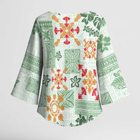 Hawaii Tapa Tribal Kimono Sleeve Blouse With Hawaiian Quilt Pattern Green - Polynesian Pride