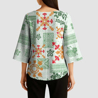 Hawaii Tapa Tribal Kimono Sleeve Blouse With Hawaiian Quilt Pattern Green - Polynesian Pride