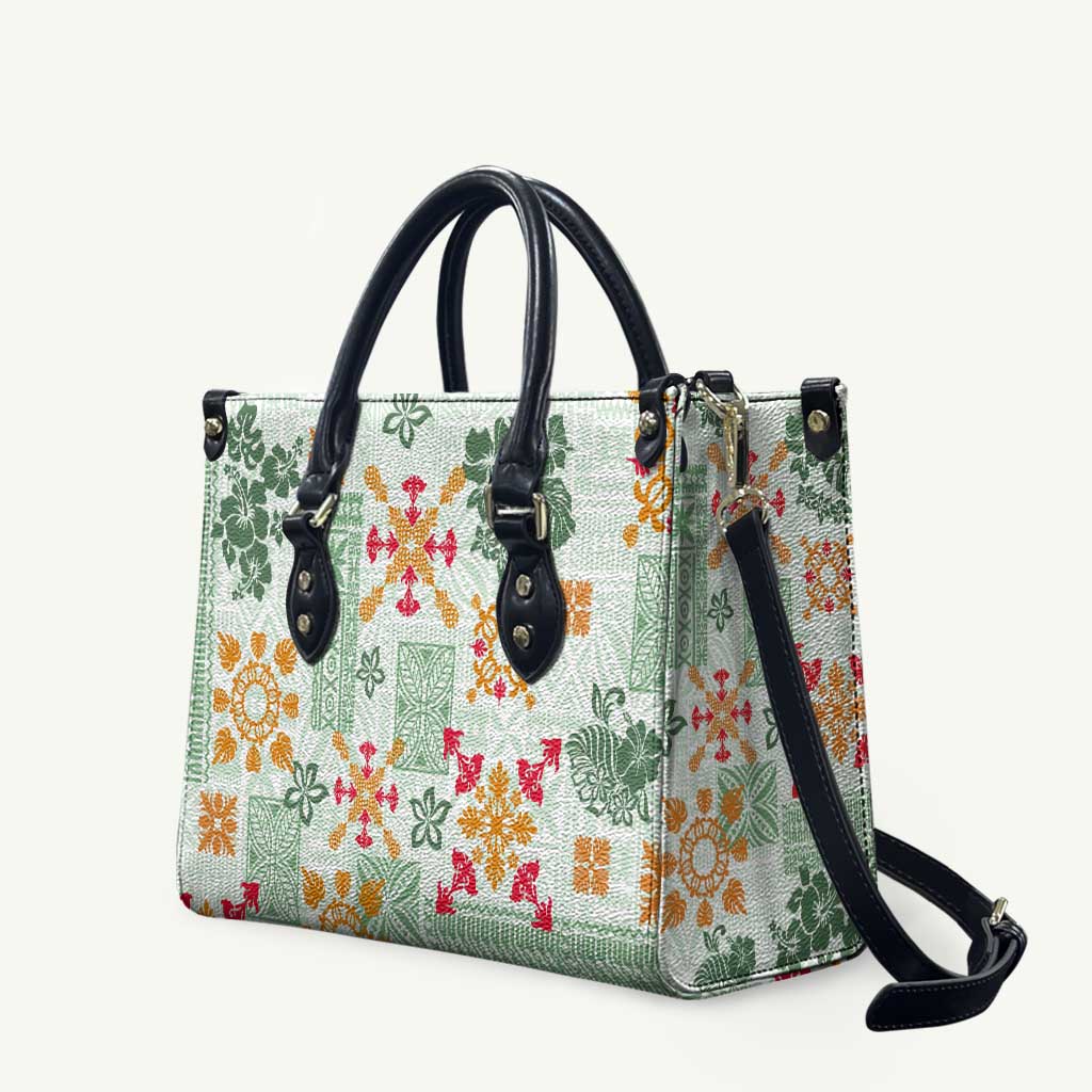 Hawaii Tapa Tribal Leather Bag With Hawaiian Quilt Pattern Green - Polynesian Pride