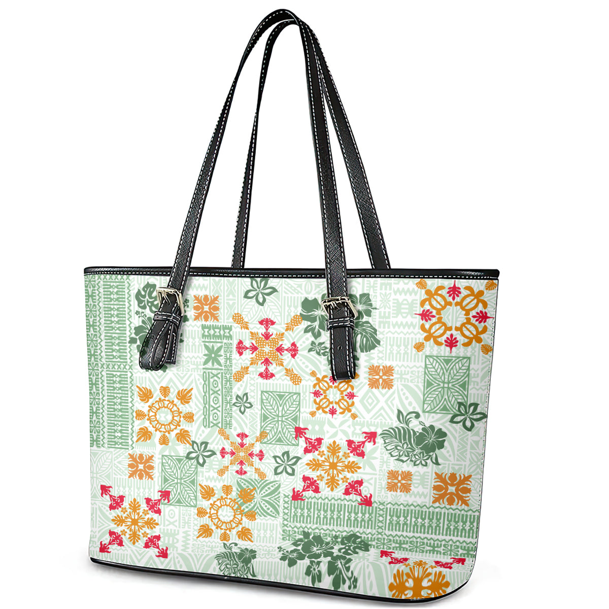 Hawaii Tapa Tribal Leather Tote Bag With Hawaiian Quilt Pattern Green LT9 - Polynesian Pride