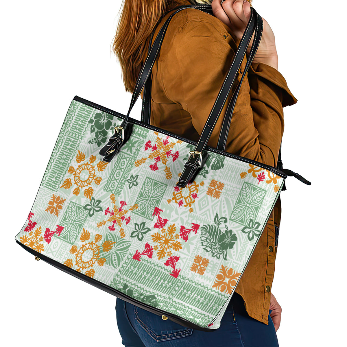 Hawaii Tapa Tribal Leather Tote Bag With Hawaiian Quilt Pattern Green LT9 - Polynesian Pride