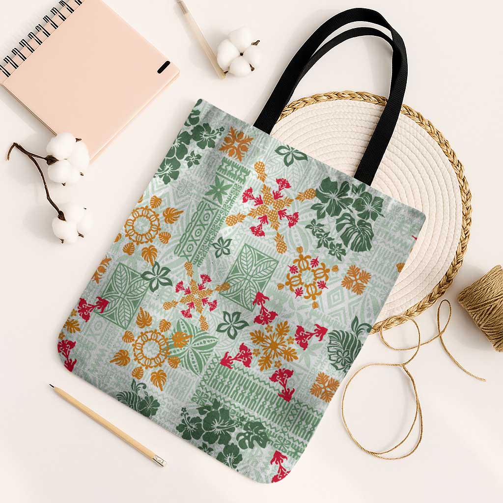 Hawaii Tapa Tribal Tote Bag With Hawaiian Quilt Pattern Green LT9 Black Strap One Size Green - Polynesian Pride
