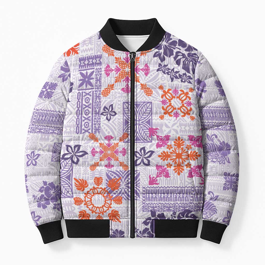 Hawaii Tapa Tribal Bomber Puffer Jacket With Hawaiian Quilt Pattern Violet LT9 Unisex Violet - Polynesian Pride