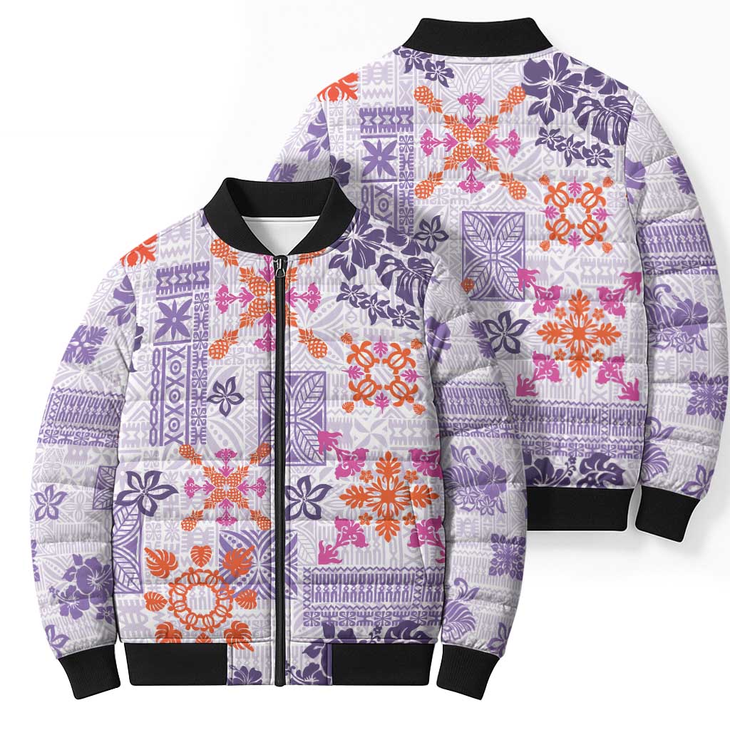 Hawaii Tapa Tribal Bomber Puffer Jacket With Hawaiian Quilt Pattern Violet LT9 - Polynesian Pride