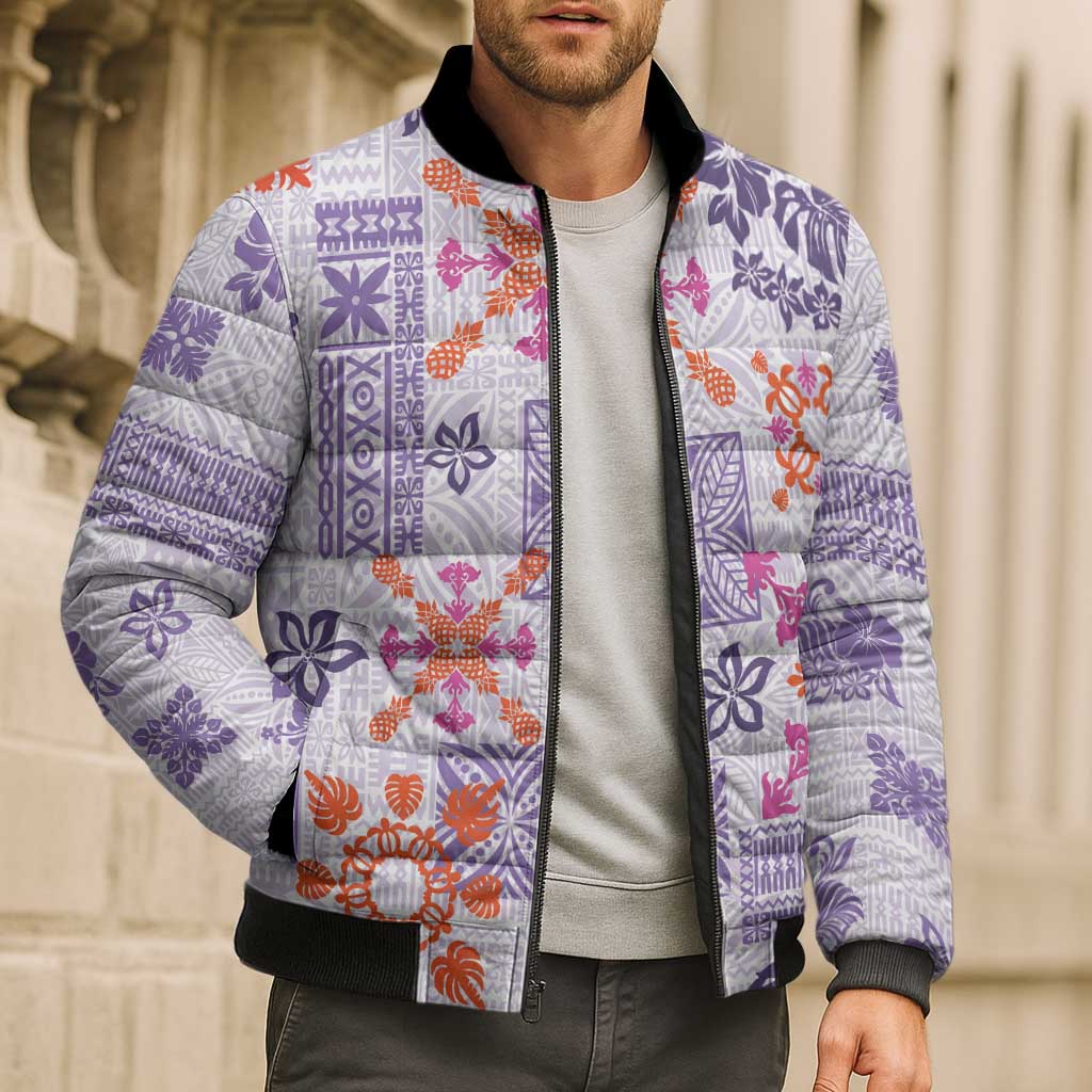 Hawaii Tapa Tribal Bomber Puffer Jacket With Hawaiian Quilt Pattern Violet LT9 - Polynesian Pride
