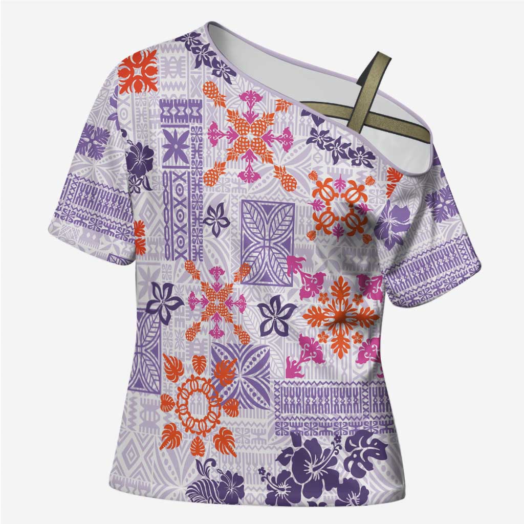Hawaii Tapa Tribal Cross Shoulder Shirt With Hawaiian Quilt Pattern Violet LT9 Female Violet - Polynesian Pride