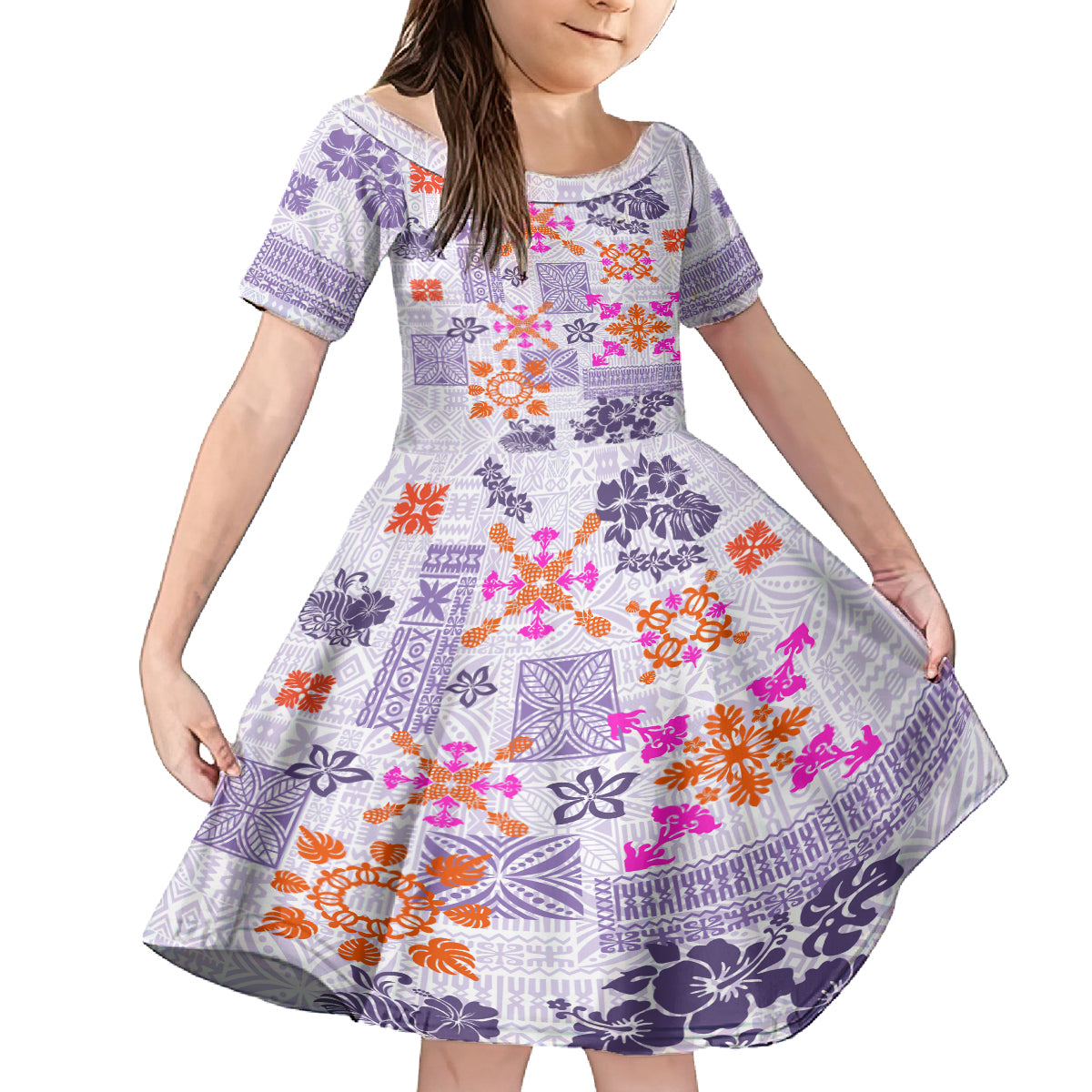 Hawaii Tapa Tribal Family Matching Off Shoulder Long Sleeve Dress and Hawaiian Shirt With Hawaiian Quilt Pattern Violet LT9 Daughter's Dress Violet - Polynesian Pride