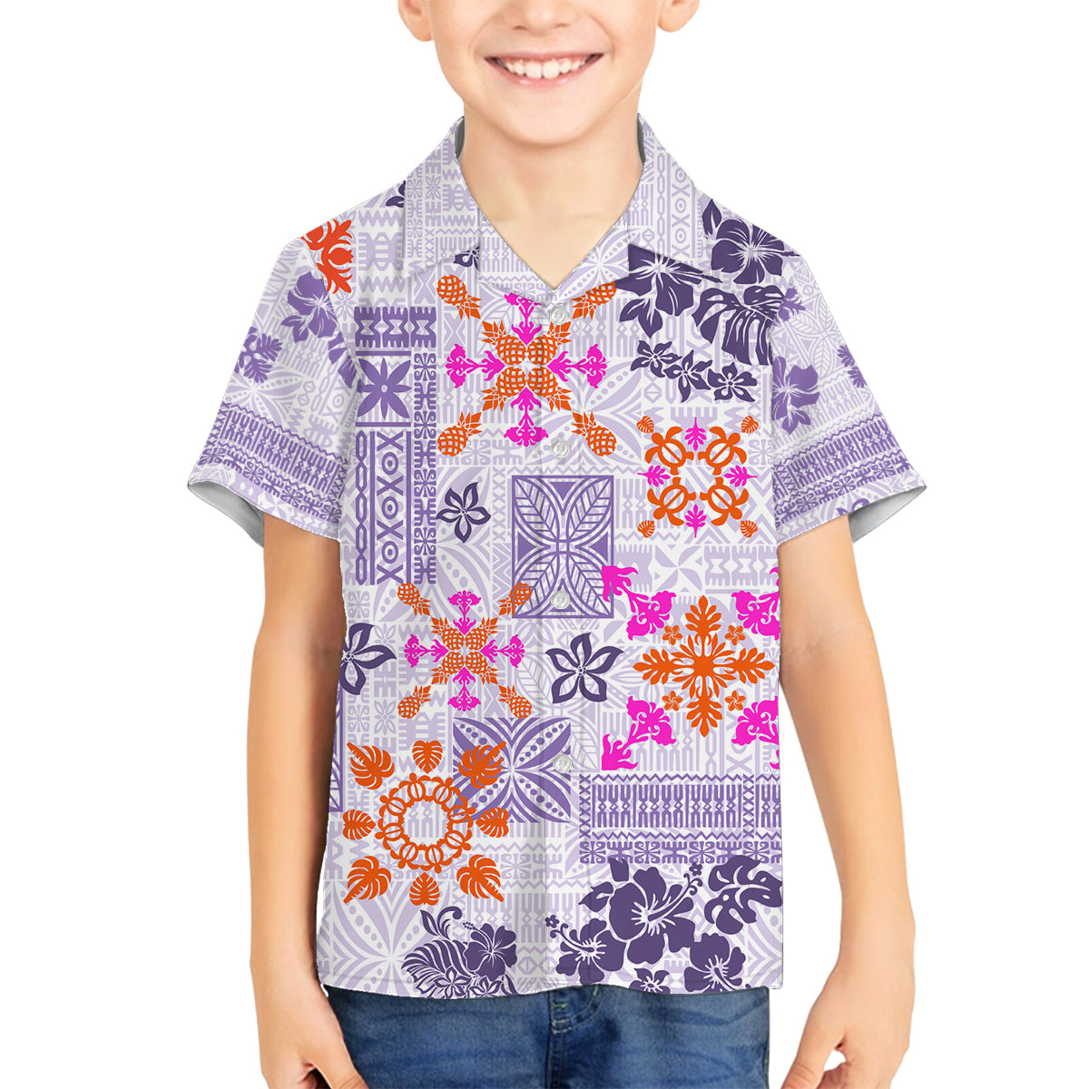 Hawaii Tapa Tribal Family Matching Off Shoulder Short Dress and Hawaiian Shirt With Hawaiian Quilt Pattern Violet LT9 Son's Shirt Violet - Polynesian Pride