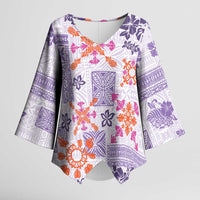 Hawaii Tapa Tribal Kimono Sleeve Blouse With Hawaiian Quilt Pattern Violet - Polynesian Pride
