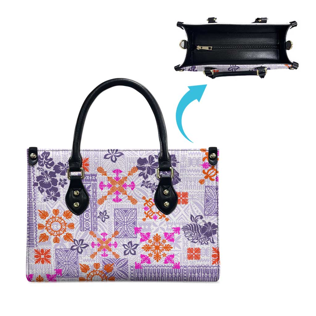 Hawaii Tapa Tribal Leather Bag With Hawaiian Quilt Pattern Violet - Polynesian Pride
