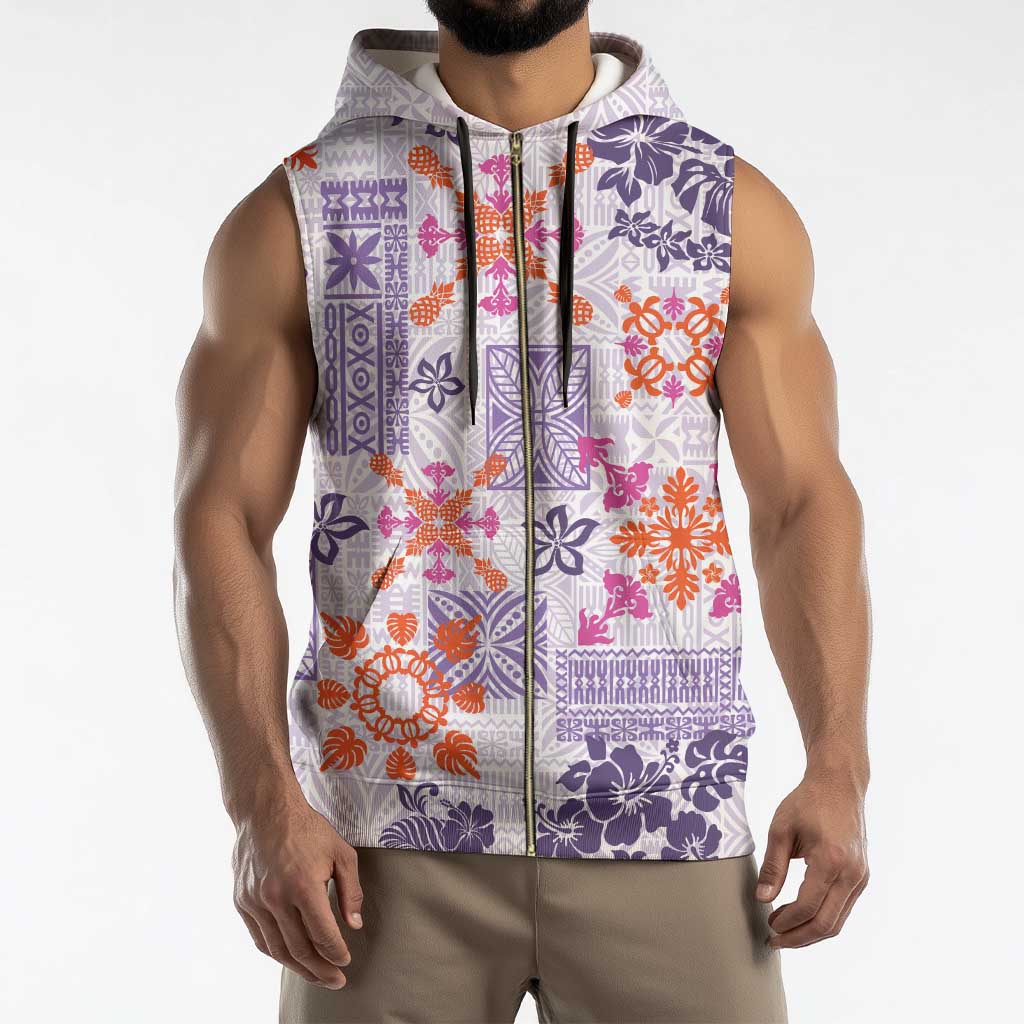 Hawaii Tapa Tribal Sleeveless Zip Hoodie With Hawaiian Quilt Pattern Violet - Polynesian Pride