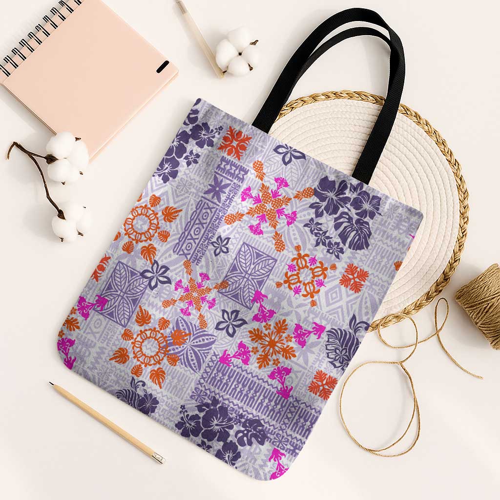 Hawaii Tapa Tribal Tote Bag With Hawaiian Quilt Pattern Violet LT9 Black Strap One Size Violet - Polynesian Pride