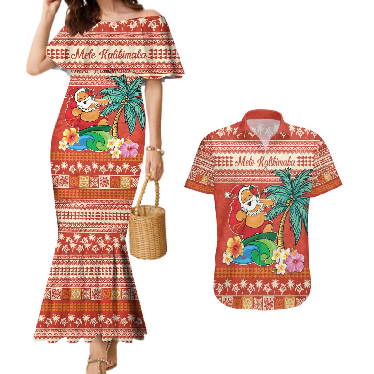 Hawaii Mele Kalikimaka Couples Matching Mermaid Dress and Hawaiian Shirt Surfing Santa Funny Christmas