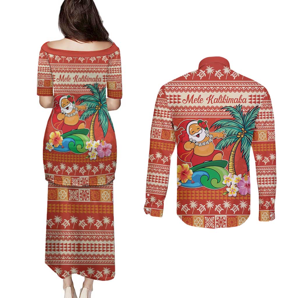 Hawaii Mele Kalikimaka Couples Matching Puletasi and Long Sleeve Button Shirt Surfing Santa Funny Christmas
