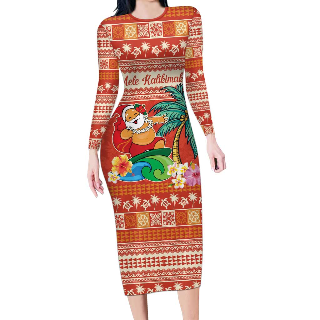 Hawaii Mele Kalikimaka Family Matching Long Sleeve Bodycon Dress and Hawaiian Shirt Surfing Santa Funny Christmas