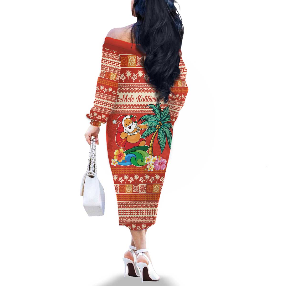 Hawaii Mele Kalikimaka Family Matching Off The Shoulder Long Sleeve Dress and Hawaiian Shirt Surfing Santa Funny Christmas