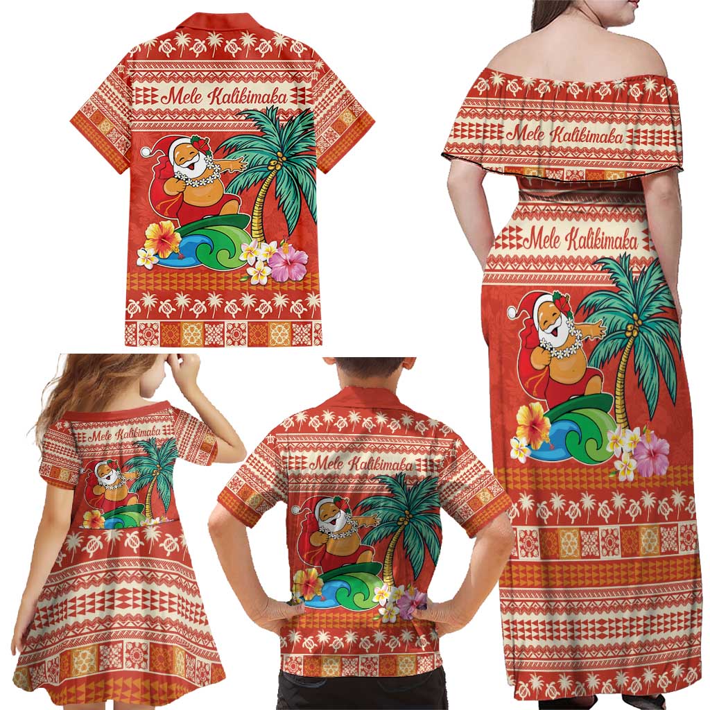 Hawaii Mele Kalikimaka Family Matching Off Shoulder Maxi Dress and Hawaiian Shirt Surfing Santa Funny Christmas