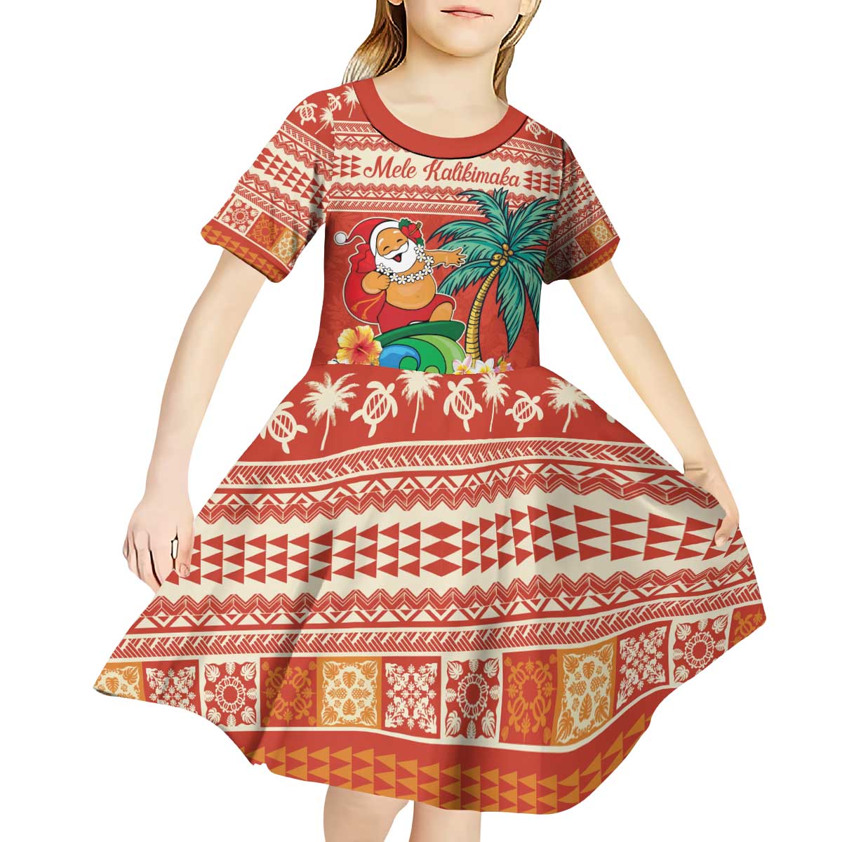 Hawaii Mele Kalikimaka Kid Short Sleeve Dress Surfing Santa Funny Christmas