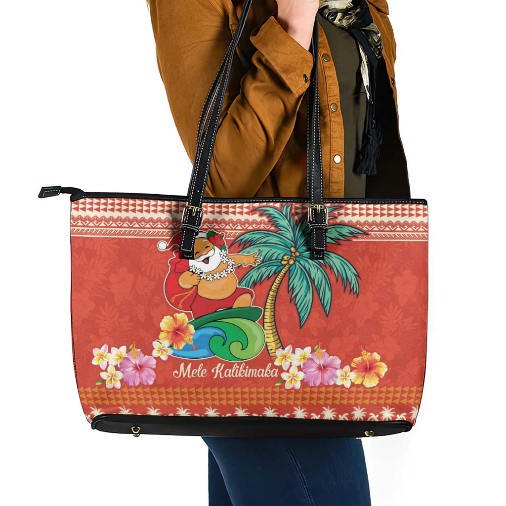Hawaii Mele Kalikimaka Leather Tote Bag Surfing Santa Funny Christmas