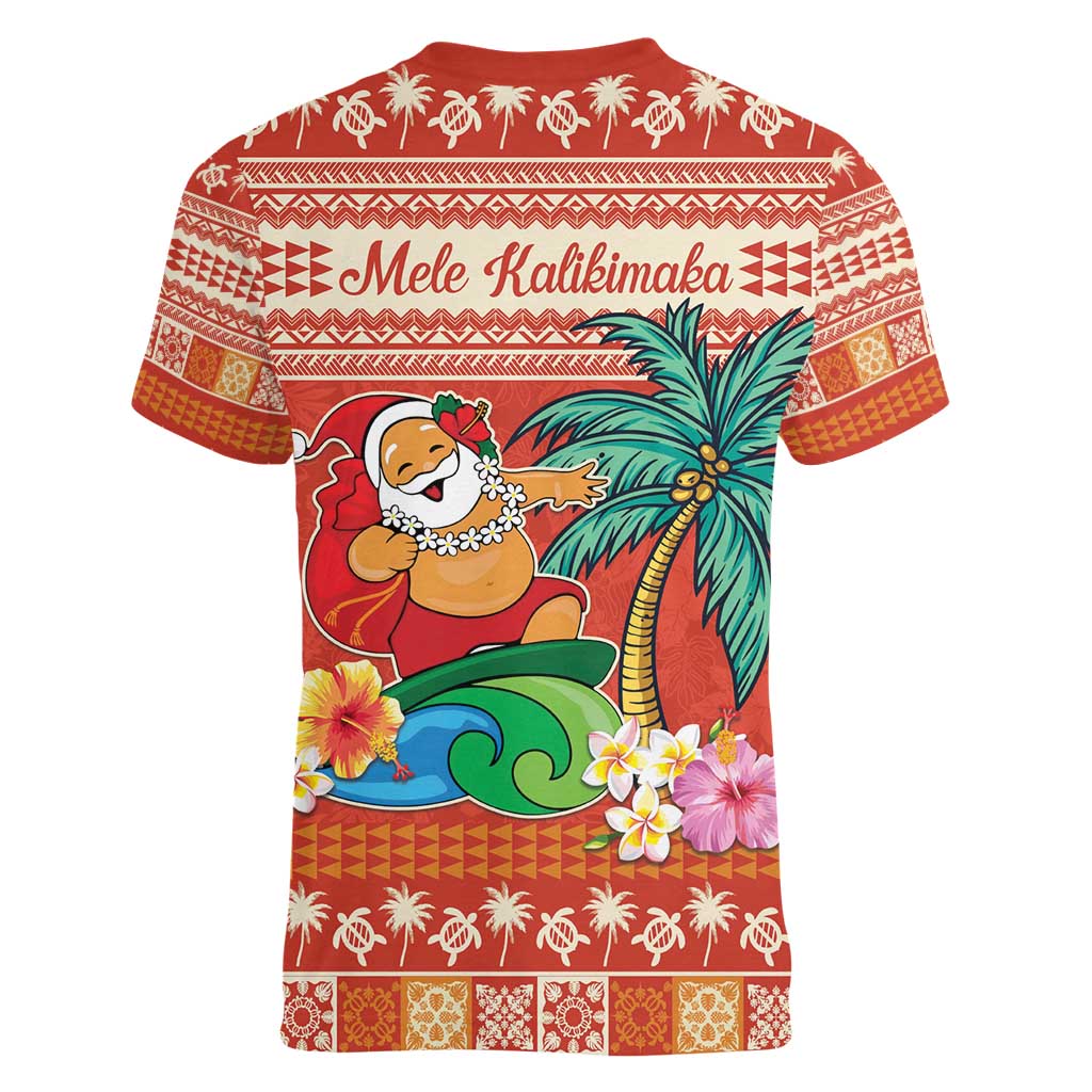 Hawaii Mele Kalikimaka Women V-Neck T-Shirt Surfing Santa Funny Christmas